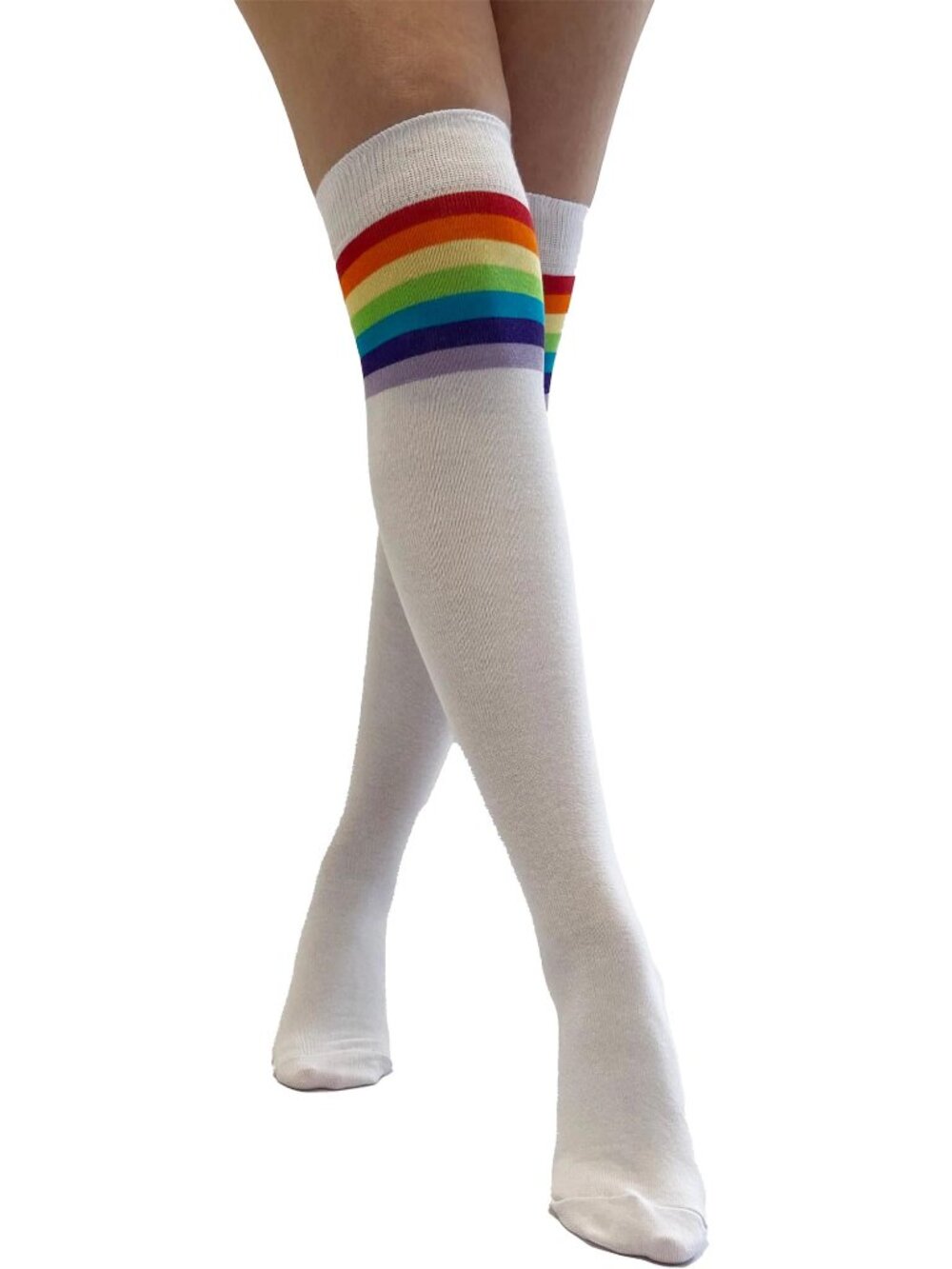 White Rainbow Striped Over the Knee Socks
